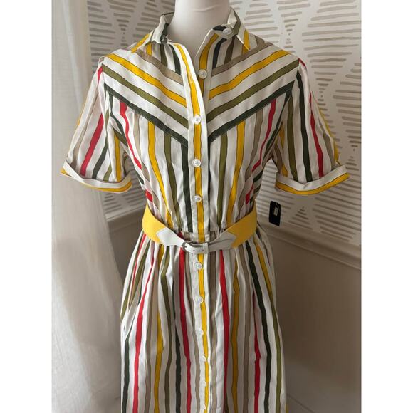 J. Ellis Petites Women’s Size 12 Vintage Yellow Stripe Belted Flared Shirt Dress - Picture 3 of 10
